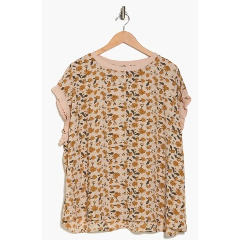 Tahari‎ Woman Blouse Plus 3X Maize Leaf Floral Ruffle Sleeve Top Office Feminine